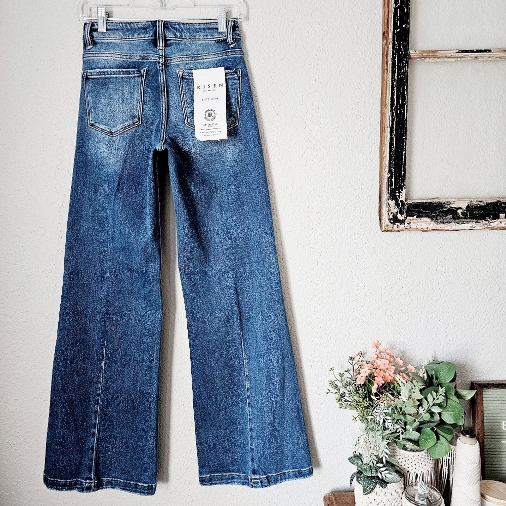 Risen Mid Rise Medium Wash Wide Leg Flared Denim Jeans Hybrid Various NEW - Picture 12 of 14